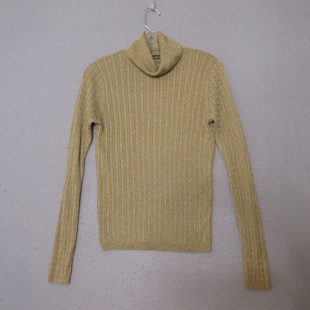 Lauren Ralph‎ Lauren Sweater Small Gold Metallic Turtleneck Cable Knit Holiday